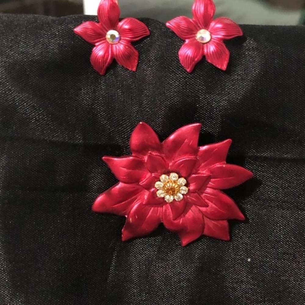 Vintage Poinsetta Brooch and Earrings